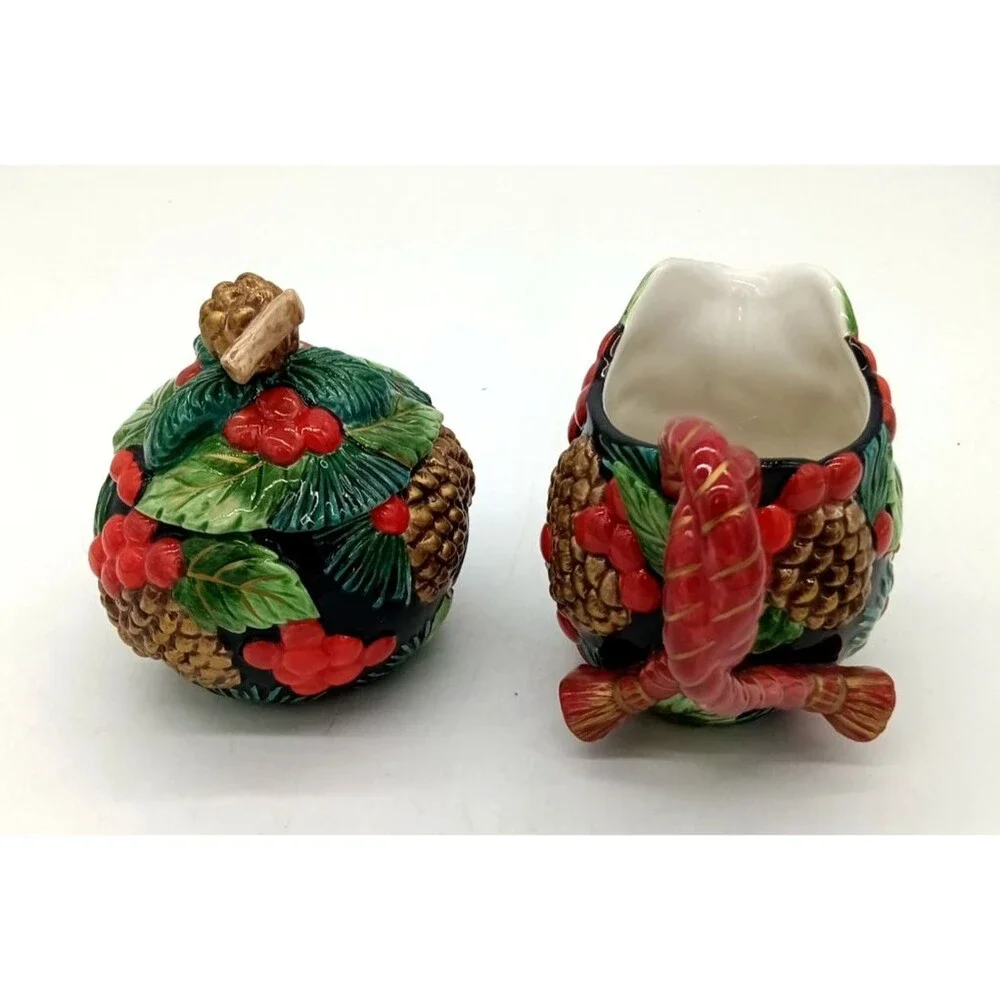 Vintage Fitz & Floyd Classics Holiday Pine Ceramic Creamer & Covered Sugar Bowl